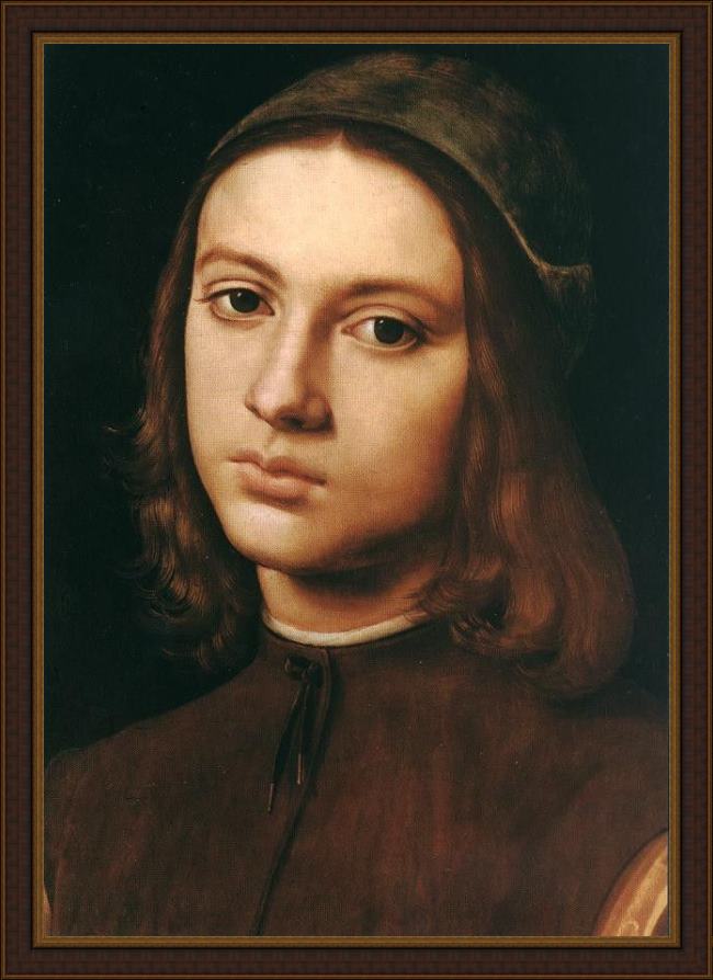 Framed Pietro Perugino portrait of a young man (detail) painting