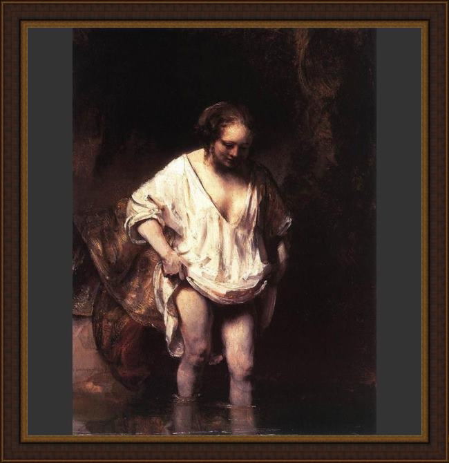 Framed Rembrandt hendrickje bathing in a river painting