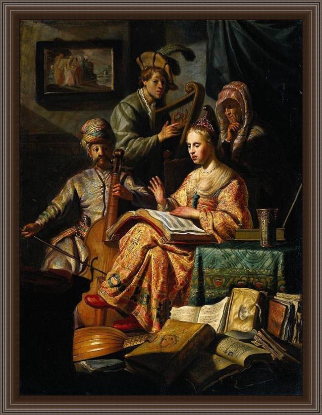 Framed Rembrandt musical allegory painting