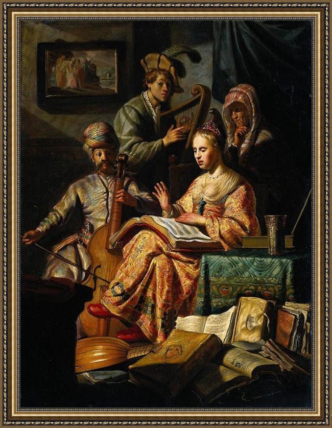 Framed Rembrandt musical allegory painting