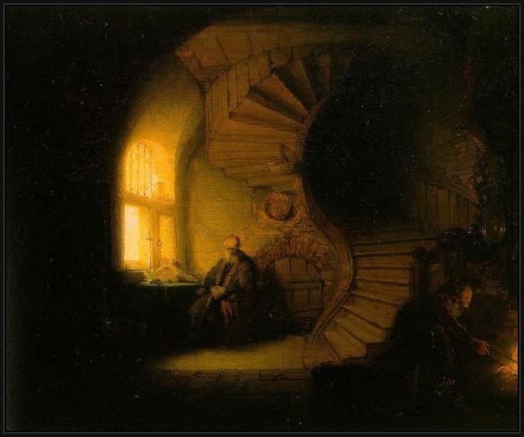 Framed Rembrandt philosopher in meditation painting