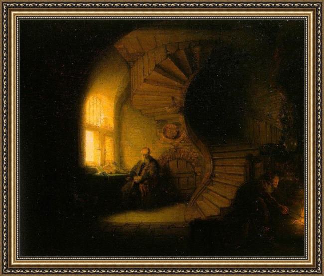 Framed Rembrandt philosopher in meditation painting