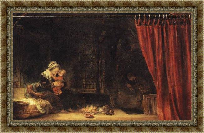 Framed Rembrandt the holy family with a curtain painting