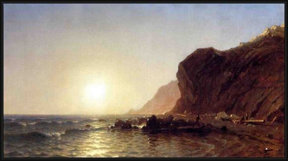 Framed Sanford Robinson Gifford sunset on the shore of no man's land - bass fishing painting