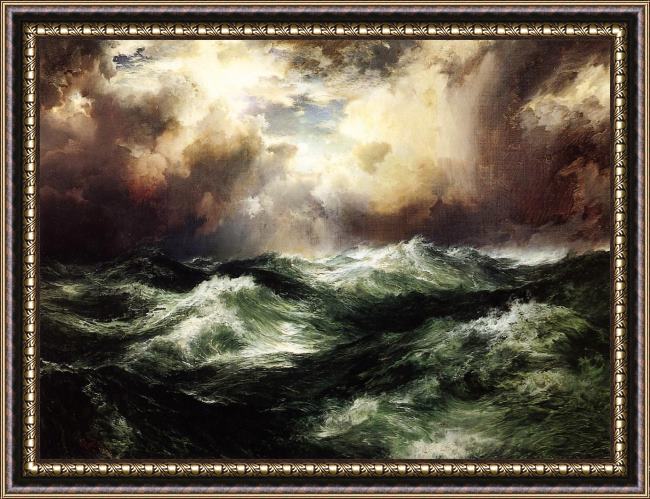 Framed Thomas Moran moonlit seascape painting