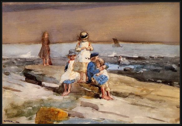 Framed Winslow Homer children on the beach painting