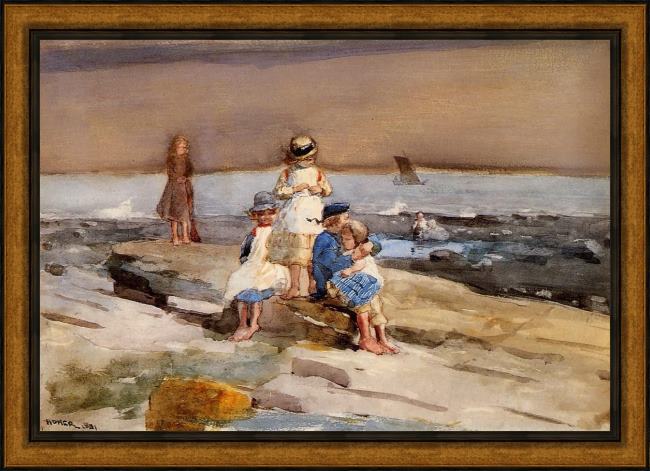 Framed Winslow Homer children on the beach painting