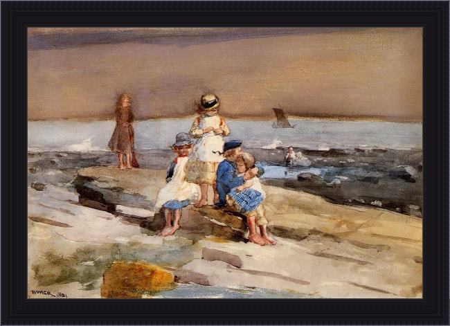 Framed Winslow Homer children on the beach painting